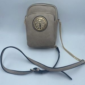 Cross Body Wallet Purse Three Compartment Faux Leather Color Tan Handle Chain